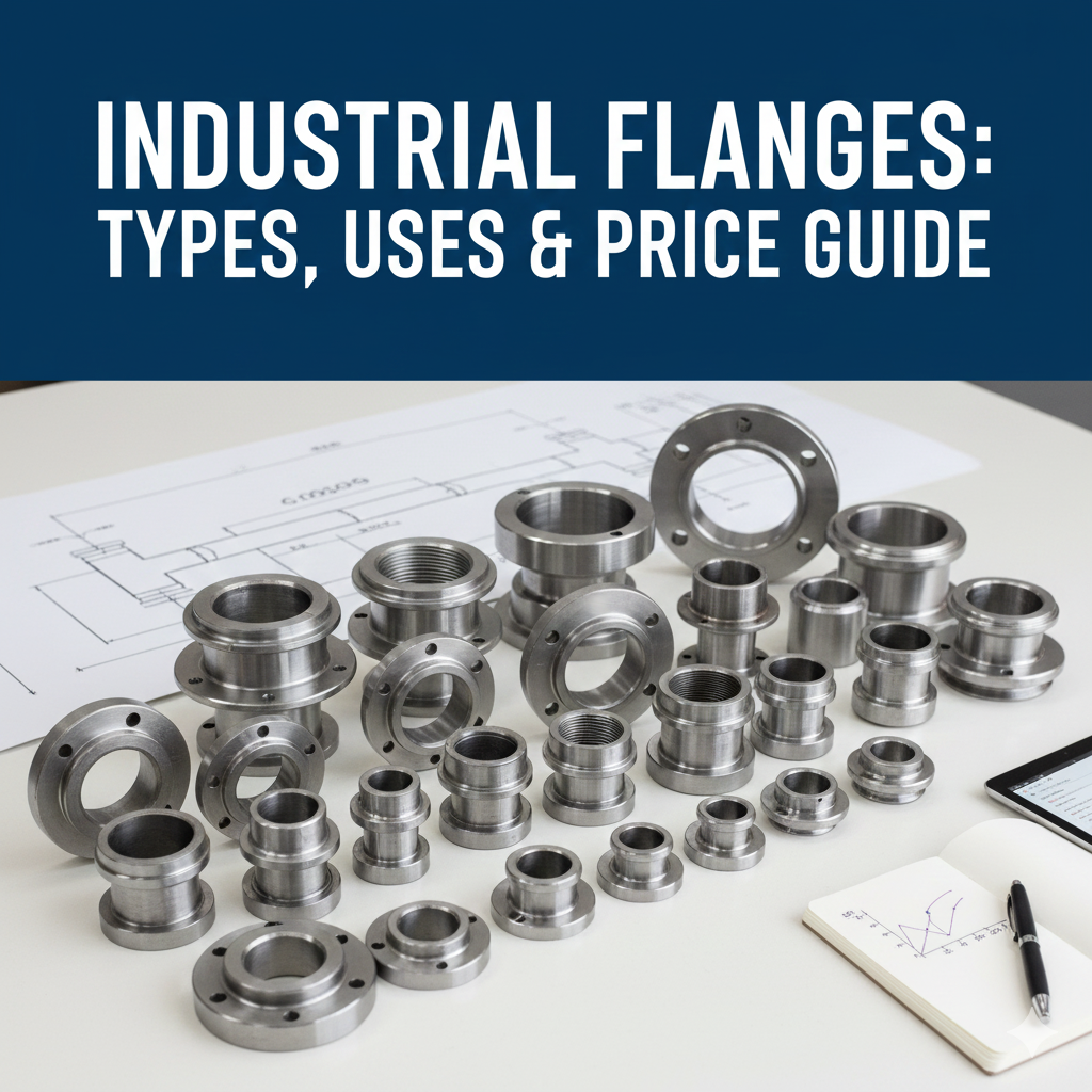 Graphic of various metal industrial flanges (weld neck, blind, slip-on) used for connecting piping.