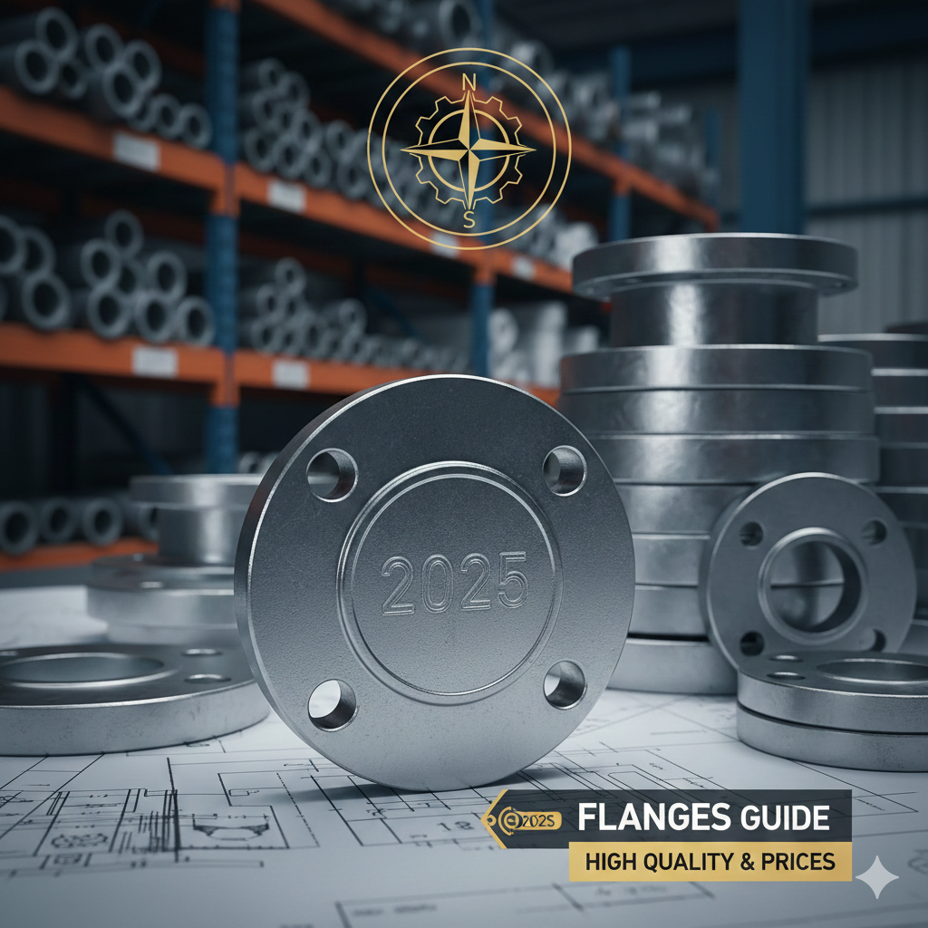 Industrial galvanized iron (GI) pipe flanges stacked in a warehouse setting on top of a blueprint.