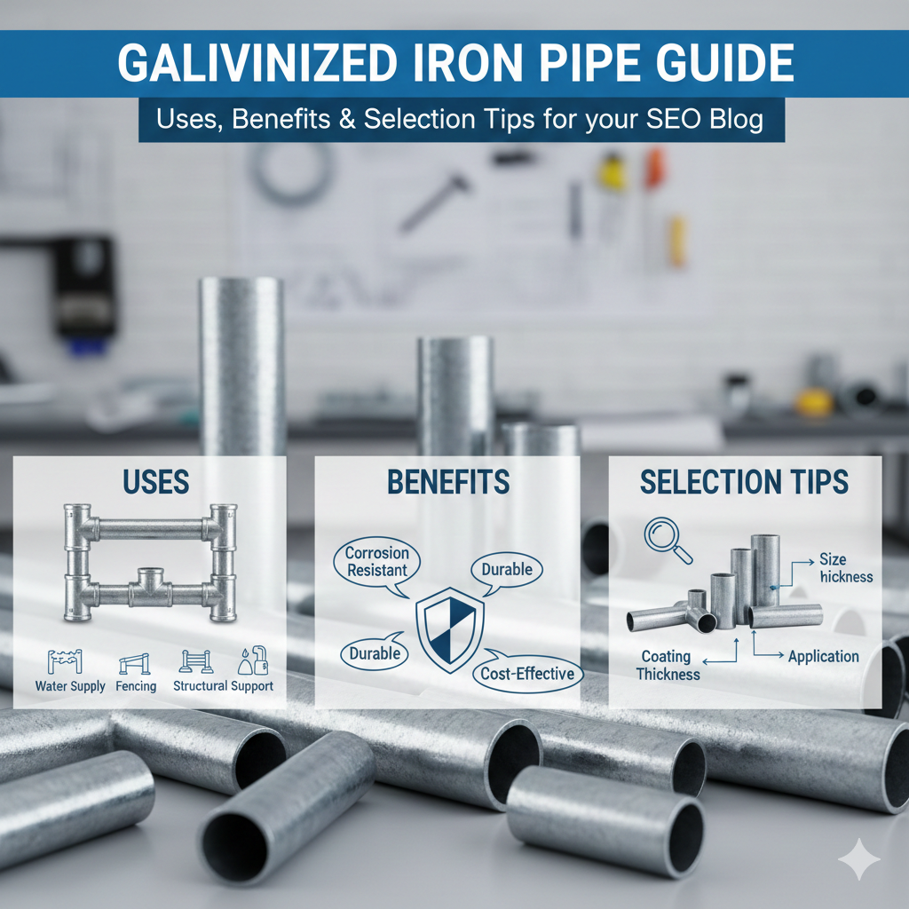 Galvanized iron pipe guide graphic: uses (water, fencing, support), benefits (corrosion resistant, durable, cost-effective), selection tips.